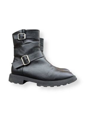 JustFab Black Moto Boots Size 9.5 Double Buckle Biker Style Faux Leather